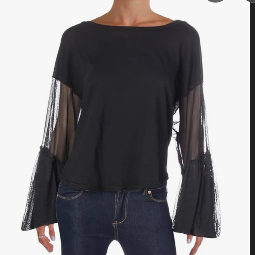 Free People Black Asymmetrical Ruffled Bell Sleeve Blouse